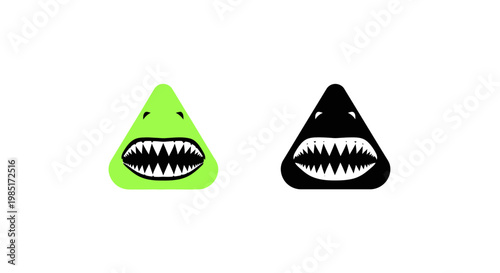 Shark Face Icon Set: Green and Black Aggressive Jaws, Vector Art
