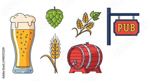 Beer, Hops, Wheat, Barrel, and Pub Sign Icons - Craft Beer Ingredients & Brewery Elements