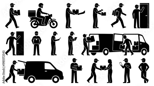 Delivery Service Icons: Person with Package, Motorcycle, Van, Door, Phone, Black and White