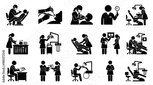 Dentistry and Dental Care Glyph Icons Set: Dentist, Patient, Clinic Black Solid Pictograms