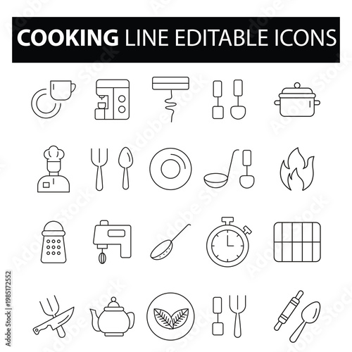 Cooking Line Editable Icons Set.Cooking and Food Line Icons Pack.Editable Stroke Cooking Icons Set.Food Preparation Line Icons Set.eps