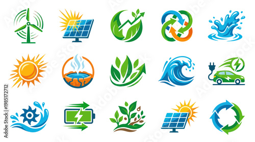 Eco-friendly Renewable Energy Icons: Solar, Wind, Water, Battery, Electric Car