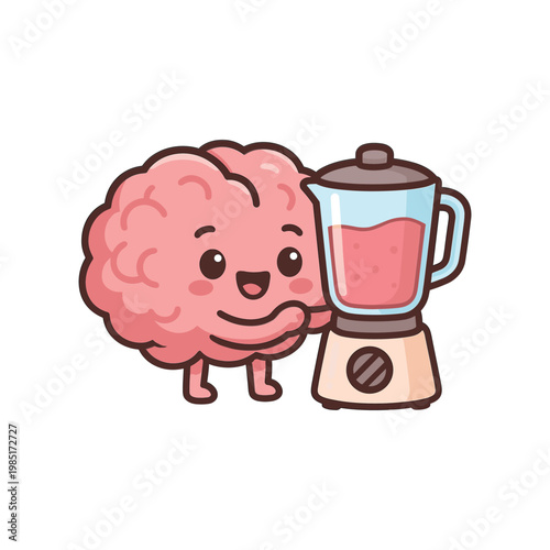Cute brain character holding blender with smoothie