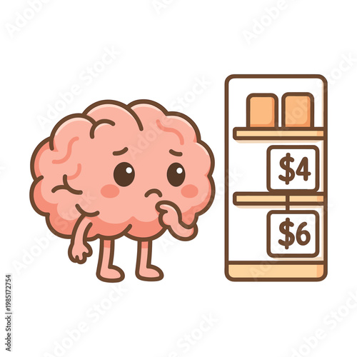 Cartoon brain character choosing between prices