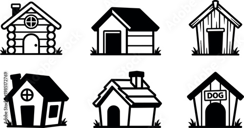 Six different dog houses in line art style