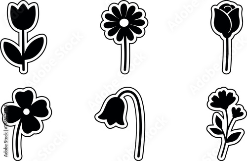 Black and white flat design flower icons with different shapes