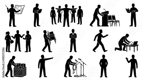 Business Meeting Icons: People Silhouettes with Presentation and Discussion