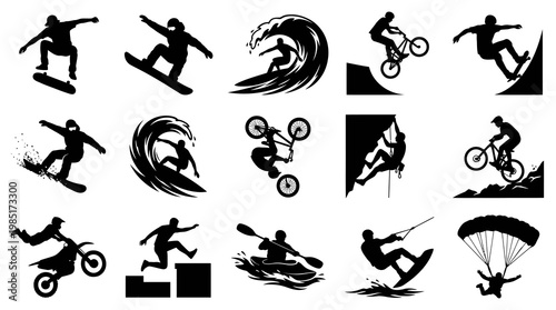 Black and White Silhouettes of Extreme Sports Athletes Performing Various Activities