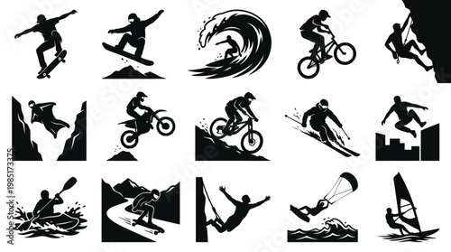 Extreme Sports Silhouette Icons Set - Action, Adventure, Vector Graphics