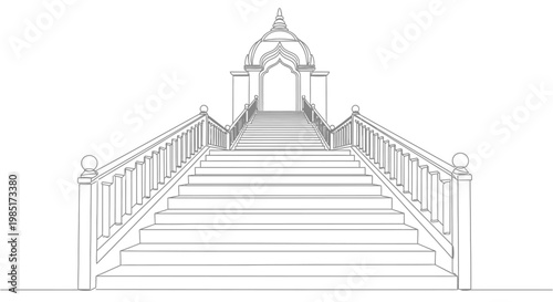 Ascending Stairway to Ornate Temple Archway, Architectural Sketch
