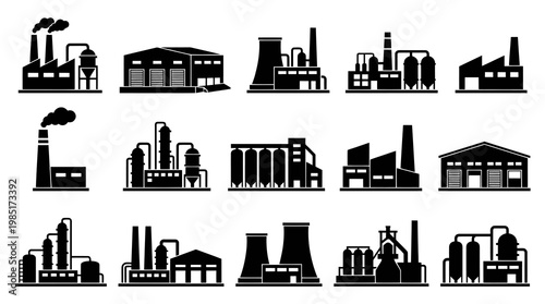 Industrial Factory and Plant Buildings Glyph Icons Set - Manufacturing  Production Facilities