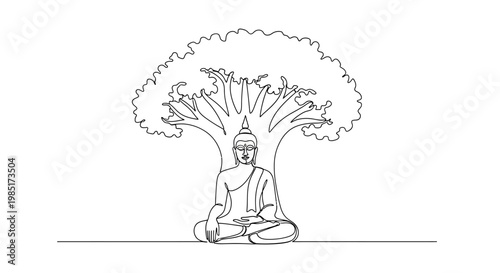 Buddha meditating under a Bodhi tree, enlightenment symbol, simple line art