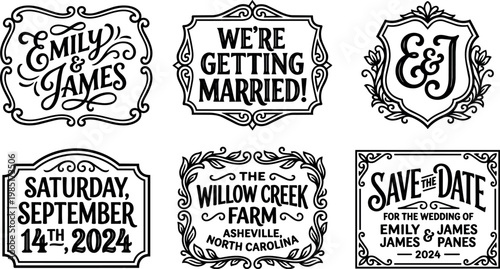 Wedding invitation lettering with emily and james names and save the date 2024