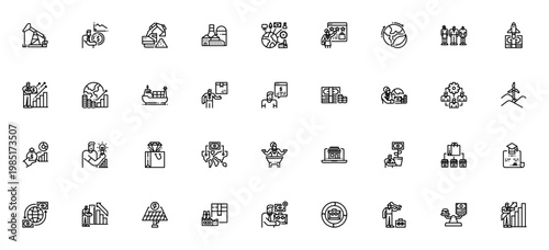 Economic Growth icon set. Vector illustration pack featuring oil rig, statistic, excavator, industry, GDP, startup, investing, renewable energy, global economy, profit, inflation and more.