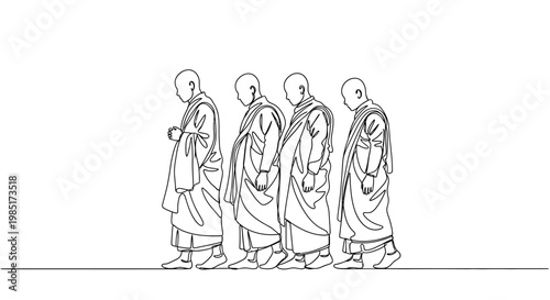 Four Buddhist Monks Walking in Line, Simple Line Drawing, Spiritual Journey, Zen Concept