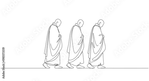 Three monks walking in procession, minimalist line art, spirituality, meditation, zen