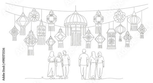 People admire colorful hanging lanterns and decorations during a festival celebration.