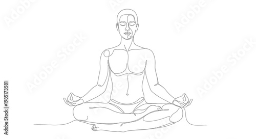 Man Meditating in Lotus Pose: Serene Mindfulness, Inner Peace, Yoga Line Art