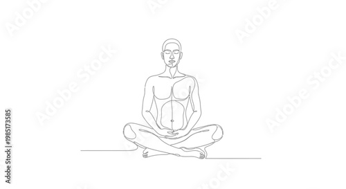 Minimalist single line drawing of a man meditating in lotus pose, serene, calm, zen