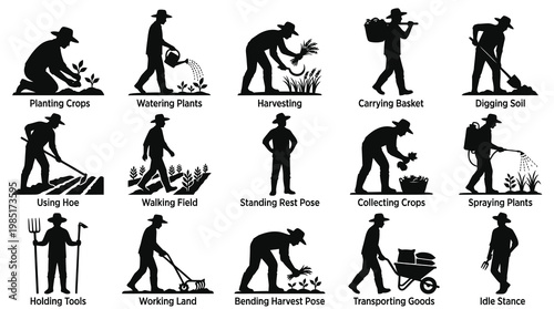 Farmer Silhouettes: Agriculture Activities Icon Set, Black and White Vector Graphics