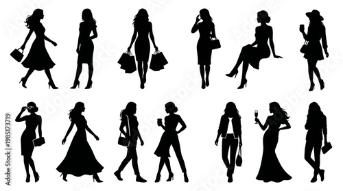 Fashion Lifestyle Women Silhouettes Vector Set: Elegant Female Figures Posing and Shopping