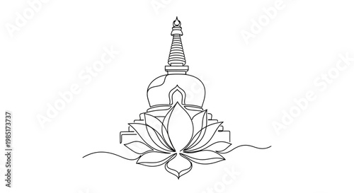 Minimalist Line Art: Stupa and Lotus Flower - Spiritual Symbolism