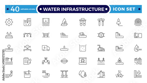 Water Infrastructure and Urban Utility Outline Icon set. A Professional Vector Set Featuring Plumbing Systems, Filtration, and Drainage. Editable stroke outline icon.