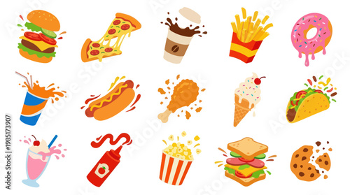 Food Industry: Flat Vector Fast Food Icons Set - Burger, Pizza, Fries, Donut, Hot Dog, Taco