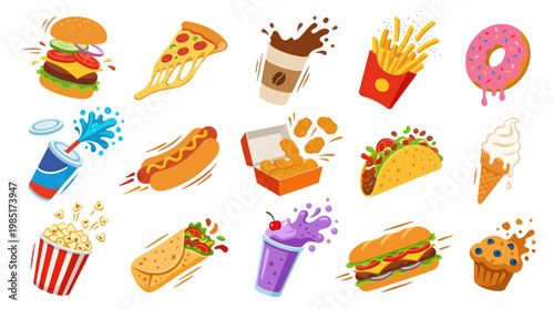 Delicious Fast Food Vector Icons - Burger, Pizza, Fries, Taco, Ice Cream
