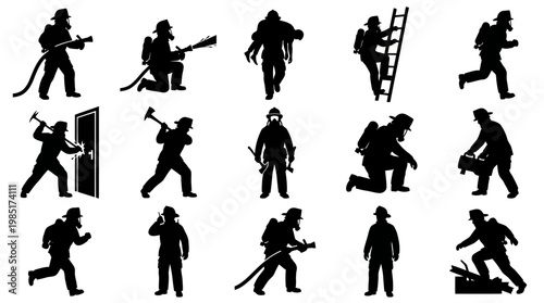 Firefighter Rescue Emergency Services Black Silhouette Vector Icons Set
