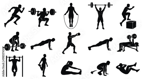 Black and White Silhouettes of Fitness and Exercise Icons