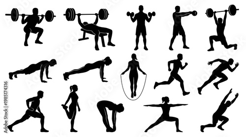 Black and White Silhouette Icons: Fitness and Exercise Activities