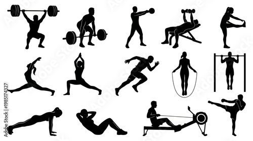 Black  White Vector Silhouettes of People Exercising and Lifting Weights