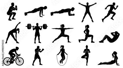 Fitness Icons: Silhouette of People Doing Various Exercises and Sports