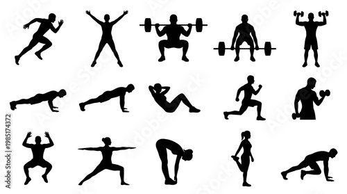 Fitness Workout Exercise Sport Silhouettes Vector Icons Set - Health  Training