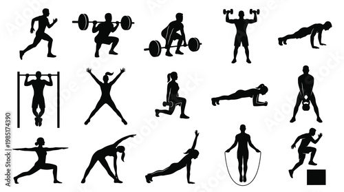 Fitness Exercise Workout People Vector Silhouettes Set. Gym Training Activities Glyph Icons