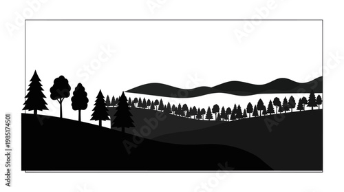 Black and White Silhouette Landscape of Rolling Hills and Evergreen Trees