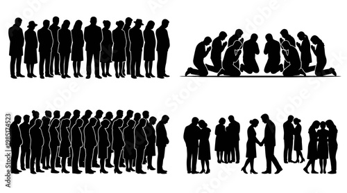 Black  White Silhouettes of Diverse Groups of People in Various Poses