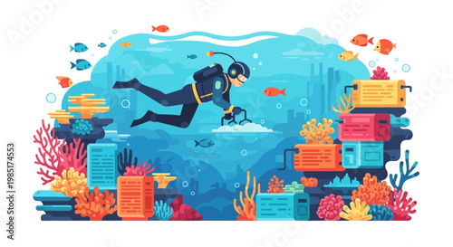 Scuba diver exploring underwater coral reef with treasure chests.