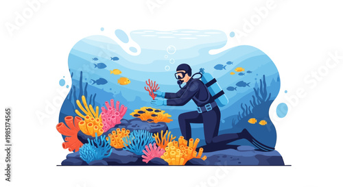 Scuba diver exploring vibrant coral reef ecosystem underwater.