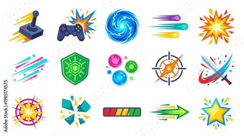 Game Icons: Joysticks, Controllers, Shields, Swords, Stars, Explosions, Vortex