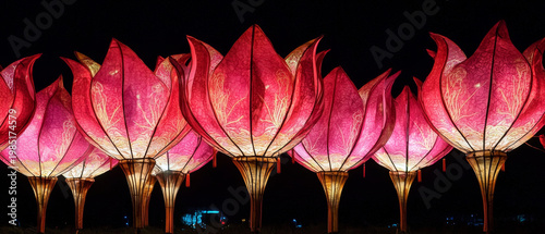 A row of vibrant pink lotus lanterns glows brightly with intricate golden patterns against the dark night sky