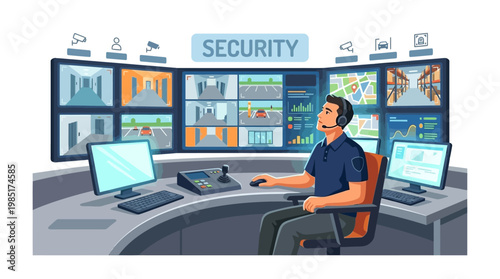 Security guard monitoring surveillance cameras on multiple screens.