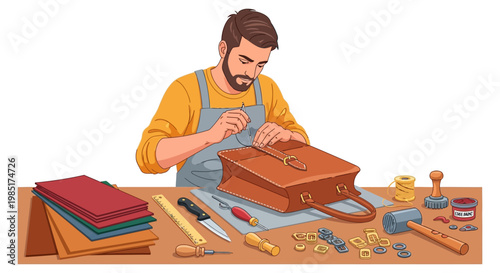 Skilled artisan meticulously crafting a leather bag with precision tools.