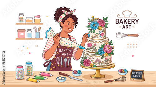 Skilled Baker Decorating Elaborate Tiered Cake with Icing Bag.