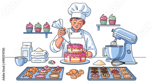 Skilled baker meticulously decorating a multi-tiered cake.