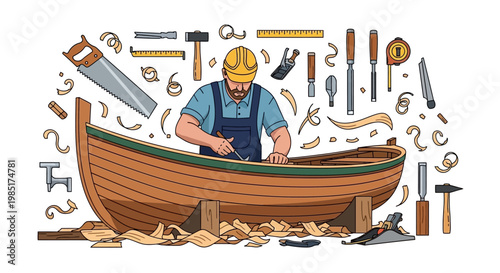 Skilled carpenter meticulously crafting a wooden boat with precision tools.