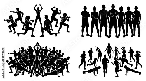 Athletic People Fitness Workout Silhouettes Vector Set - Diverse Group of Exercising Figures