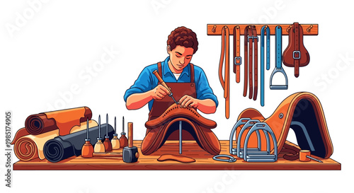 Skilled craftsman meticulously handcrafting a leather saddle with precision tools.