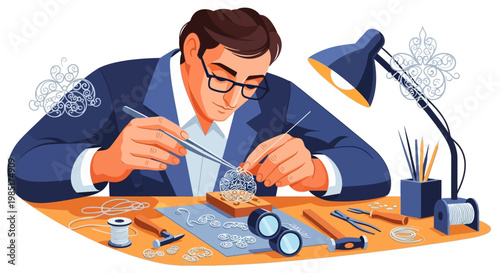 Skilled craftsman meticulously working on intricate details with precision tools.